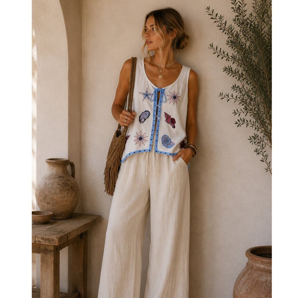 Calypso St Barth White Shell Print Linen Vest Womens 4 Beachy Vacation Tropical